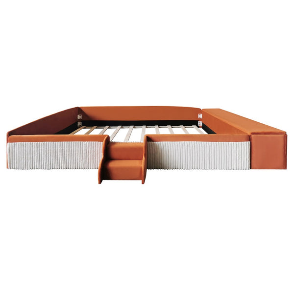 English Elm King Velvet Kids Platform Bed with Padded Guardrails Staircase and Storage Ottoman Brown+White SF000204AAD
