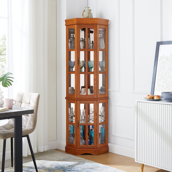 English Elm Corner Curio Cabinet with 5 Shelves and Built-In Lighting, Glass Display Case for Home Décor and Collectibles, Space-Saving Corner Accent (47x21x10.75) Oak W1693P183979