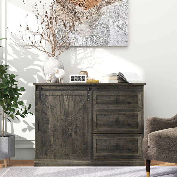English Elm Homcom Farmhouse Sideboard Buffet Cabinet With Sliding Barn Door & 3 Drawers For Stylish Storage W2225P217414