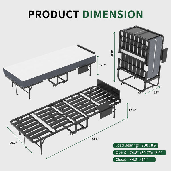 English Elm 75" Folding Bed with Adjustable Headboard, 5" Memory Foam, 450lb Capacity, Space-Saving Rollaway Twin on Wheels T2398P403867