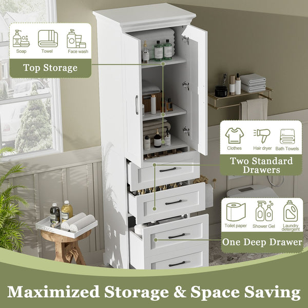 English Elm 71.6" Free-Standing Bathroom Vanity with Soft-Close Doors, 3 Drawers, Adjustable Shelves, White Finish N729P335599K