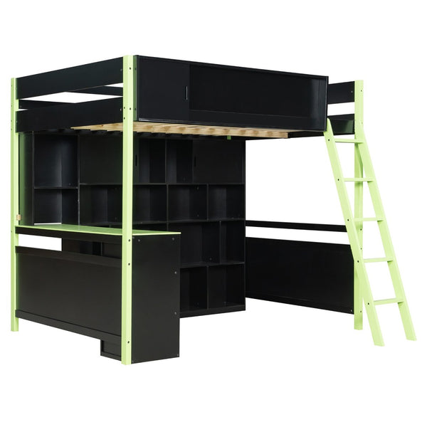 English Elm Full Size Gaming Loft Bed with Led Lighting Desk Drawers and Display Shelving Green LT000263AAF