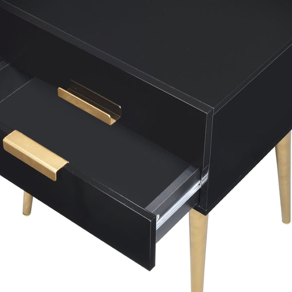 English Elm Denvor Two Drawer End Table with Gold Tapered Legs and Glossy Black Top B2726P445302