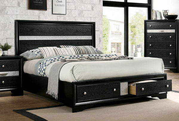 English Elm 1Pc Contemporary Queen Size Bed In Black Solid Wood - Stylish & Functional Bedroom Centerpiece B011S01678