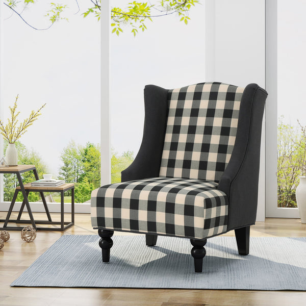 English Elm Christopher Knight Home® - TODDMAN High-Back Club Chair with Smooth Upholstery and Sloped Arms, Modern Wingback Comfort Black+White Scottie Dogs 64469.00BLKCHKDCHAR