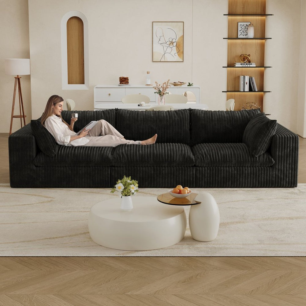 English Elm 118.2" Modular Cloud Sofa Corduroy Upholstered Deep Seat Lounge for Living Room Black W2824S00189