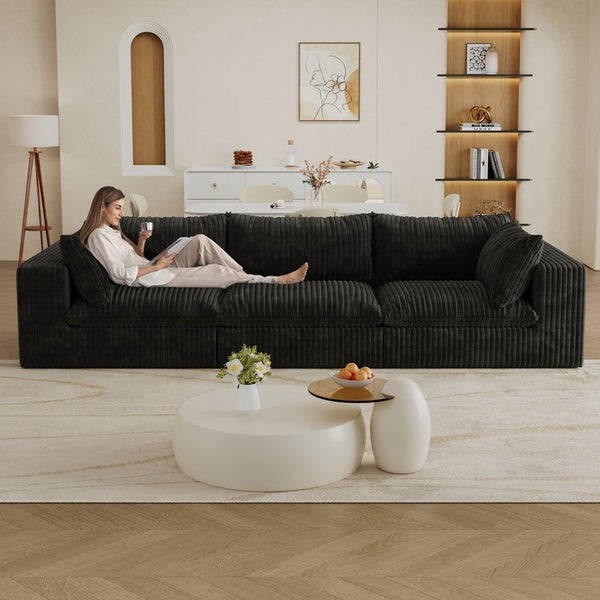 English Elm 118.2" Modular Cloud Sofa Corduroy Upholstered Deep Seat Lounge for Living Room Black W2824S00189