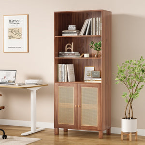 English Elm Tall Rattan Door Bookcase with 5 Shelves — Stylish Tall Storage Shelf for Living Room Office LibraryBedroom Natural T3623P379909