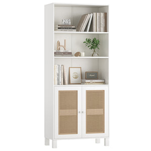 English Elm Tall Rattan Door Bookcase with 5 Shelves — Stylish Tall Storage Shelf for Living Room Office LibraryBedroom White T3623P379893