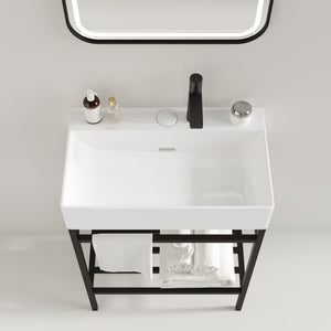 English Elm LOFI Ceramic 24" Bathroom Basin with Center Drain and Faucet Hole, Durable Scratch-Resistant Finish White W2615P210288