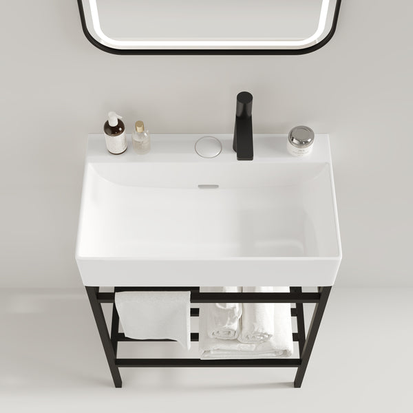 English Elm LOFI Ceramic 24" Bathroom Basin with Center Drain and Faucet Hole, Durable Scratch-Resistant Finish White W2615P210288