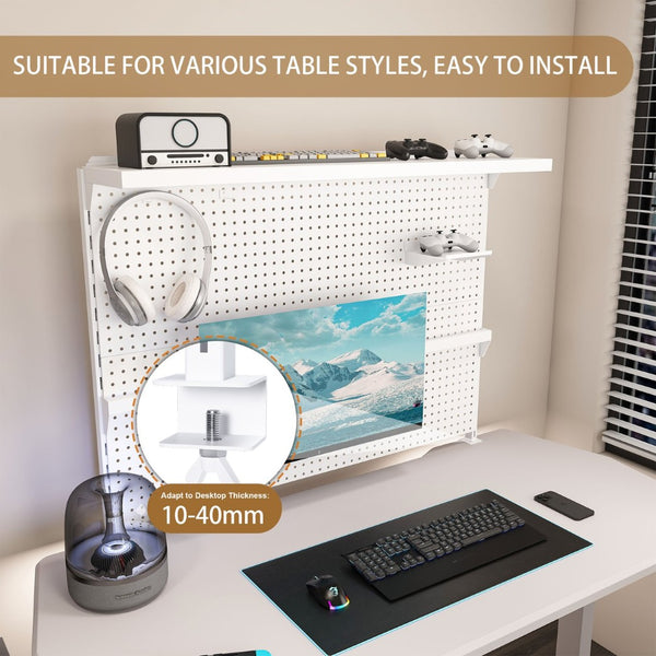 English Elm Clamp-on Steel Pegboard Desk Organizer with Monitor Arm Shelf and Movable Panel W2700P346783