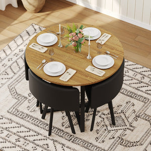 English Elm 5 Piece Round Faux Marble Dining Set with Pu Leather Chairs for Small Apartments Black,Wood W3875S00084