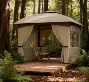 English Elm Double Tier Outdoor Gazebo with Arched Windows Steel Frame and Uv Resistant Polyester Canopy Light Gray T3971P426840