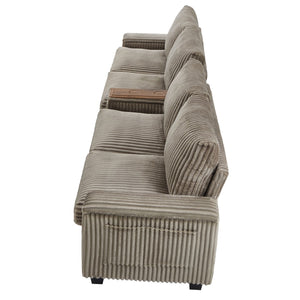 English Elm 4-seater Corduroy Sofa with USB Ports, Flip-Top Cup Holders, Hidden Arm Storage & Ultra-Deep Seats Brown N719S001990D