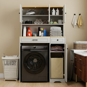 English Elm Over Washer Dryer Laundry Cabinet with Basket Drawer Adjustable Shelves Antique White W1120P338184