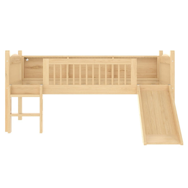 English Elm Twin Low Loft Bed Solid Pine Frame with Built-in Led Lighting and Storage Shelves Natural W1580P395930