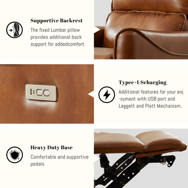 English Elm Brown Air Leather Power Recliner Rocker Swivel Chair for Living Room or Media B2766P488714