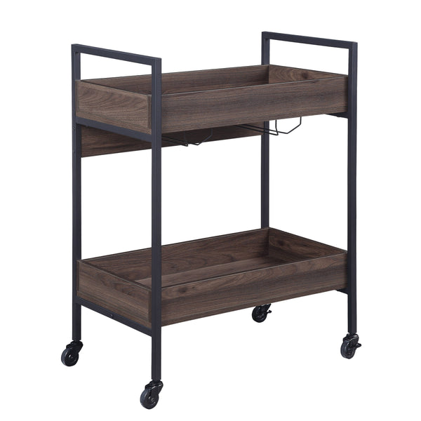 English Elm Jerrick Walnut & Black Serving Cart with 2-Tier Shelves, Powder-Coated Metal Frame, Cup Holder - Durable Utility Table B2726P286744
