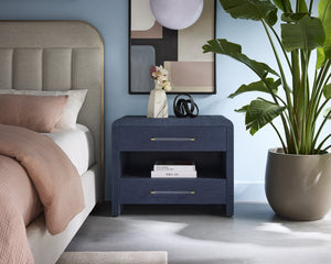 Sunpan ATHERTON Nightstand - Handwoven Indigo Raffia with Solid Wood Frame and Soft-Closing Drawers 109431