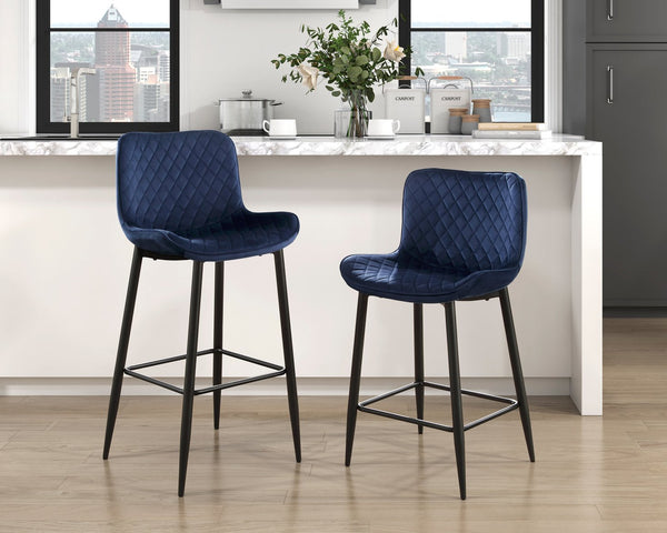 English Elm Set of 2 Counter Height Chairs with Diamond Stitch Velvet Upholstery and Sleek Black Metal Legs, 24" Seat Blue 21 L x 20.25 W x 24 H B011P234286
