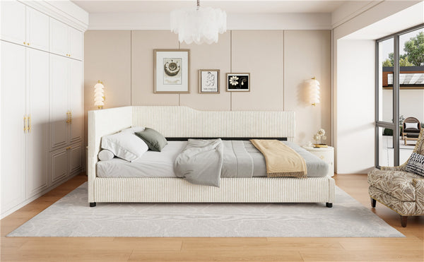 English Elm Full Size L-shaped Corduroy Upholstered Daybed Sofa for Living Room or Studio Beige N737P380207A