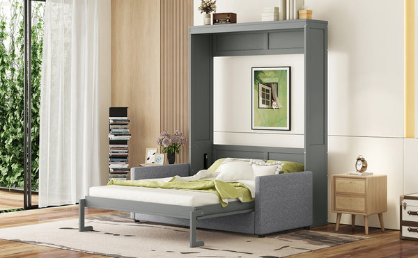 English Elm Queen Murphy Bed with Linen Cushion Sofa Folds Flat for Studio or Guest Room LP000891AAE
