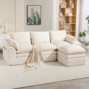 English Elm L Shaped Corduroy Modular Sectional with Cloud Cushions Footstool and Lumbar Pillows Beige W395S00141