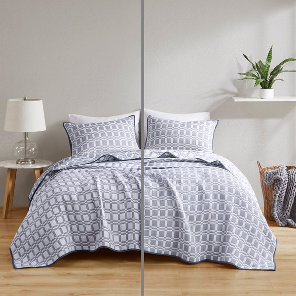 JLA Home Madison Park - 3 Piece Reversible Matelasse Coverlet Set – Lightweight Checked Texture, Machine Washable, Year-Round Layering Grey MP13-8308