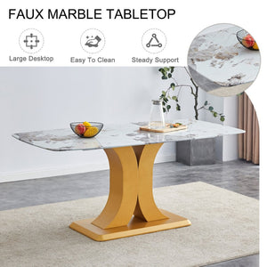 English Elm Table Set - Luxurious Pandora Patterned Dining Table With 8 Black Pu Chairs & Golden C-Shaped Legs W1151S03234-GIGA