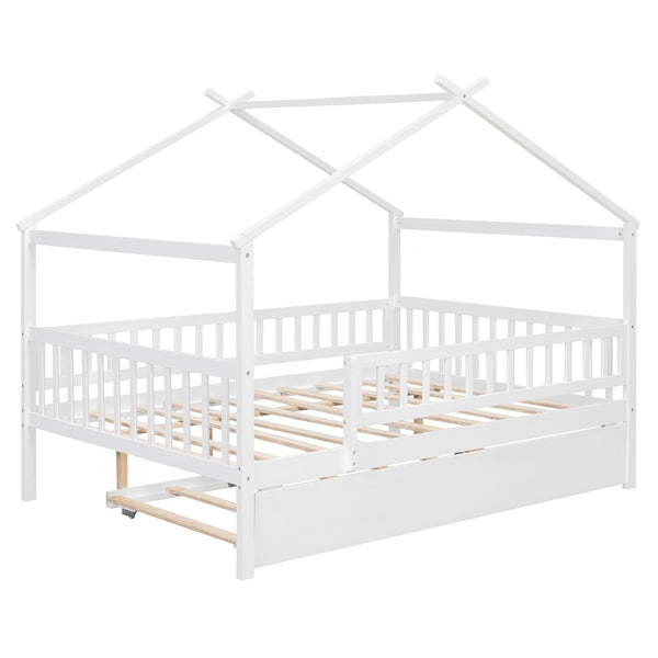 English Elm Full Size Pine House Bed with Roofline Frame and Roll Out Twin Trundle for Kids LP100306AAK