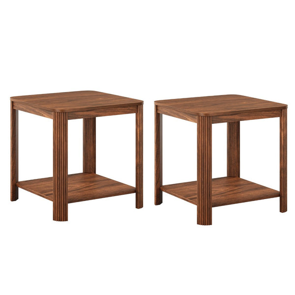 English Elm Rounded Square End Tables Set of 2 Boho Walnut with Wave Legs and Open Shelf W5563P449958