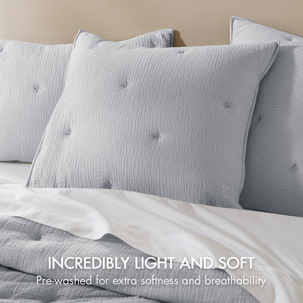 JLA Home Harbor House Blue - Cotton breathable muslin Euro sham with crinkled gauze and delicate embroidery for cozy layered style Blue HH11-1892