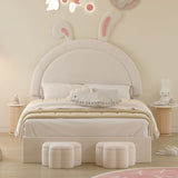 English Elm Full Size Upholstered Rabbit-Shape Bed With 2 Storage Stools, Velvet Platform Bed With Cartoon Ears Shaped Headboard, White