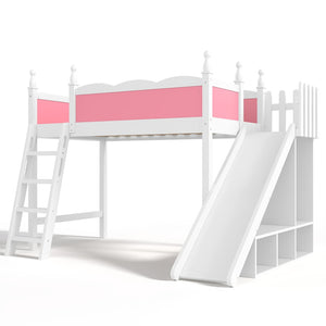English Elm Twin Loft Bed Solid Pine Frame with Wardrobe Shelving Detachable Slide Kids Room Pink+White W5305S00016