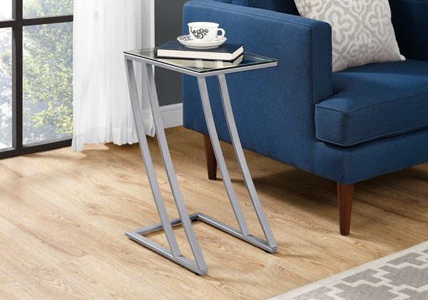 English Elm Accent C-Shaped End Table with Z-Base, Tempered Glass Top, Sturdy Metal Frame, Modern Versatility for Living Spaces Silver 29 L x 15 W x 5 H B2710P219185