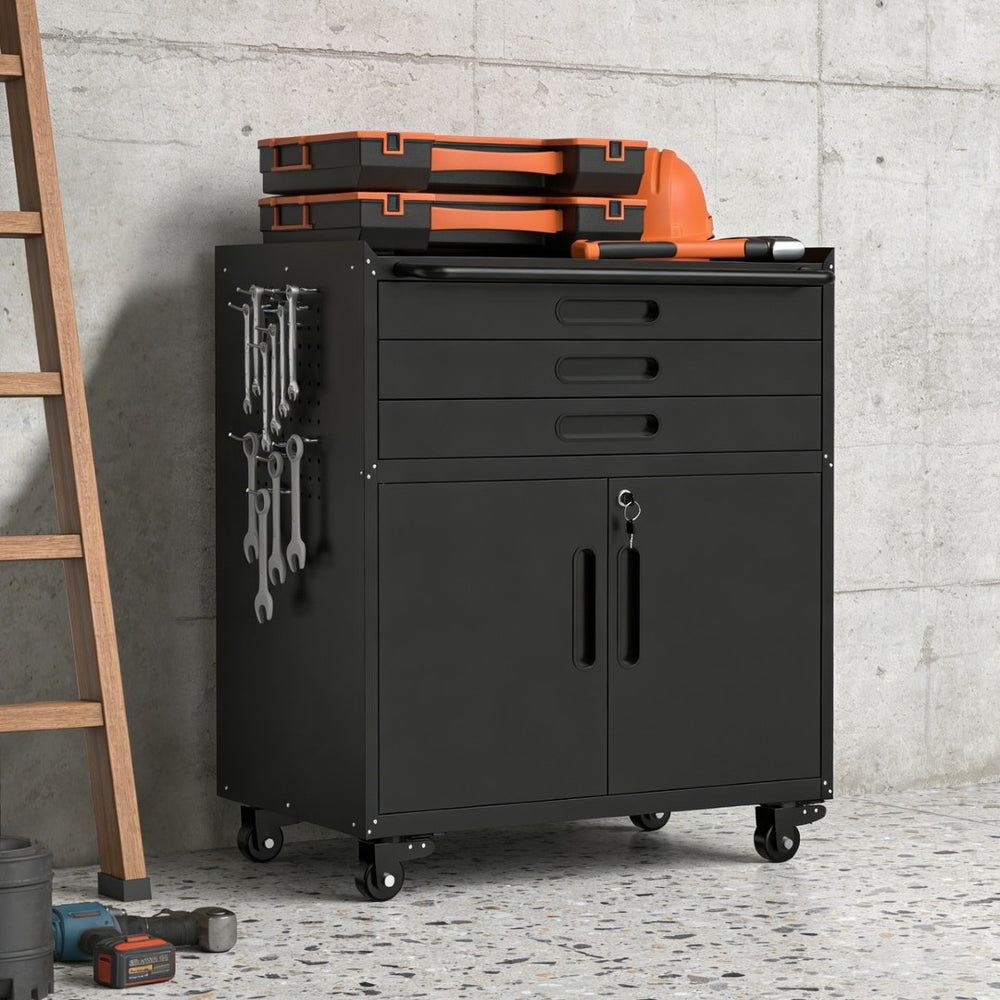English Elm 34.3" Rolling Steel Workshop Cabinet with 3 Drawers Lockable Doors and Pegboard Sides W2735P428815