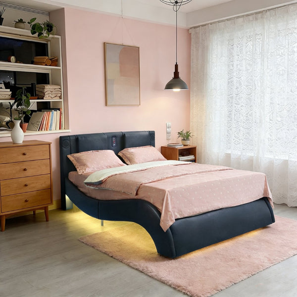 English Elm Faux Leather King Platform Bed with Rgb Lighting Bluetooth Speakers and Massage W2297S00029