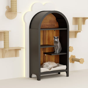 English Elm 4-tier Arched Freestanding Bookcase with Lattice Doors Open Display and Cabinet Storage W3123P485378