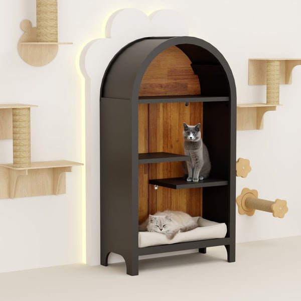 English Elm 4-tier Arched Freestanding Bookcase with Lattice Doors Open Display and Cabinet Storage W3123P485378