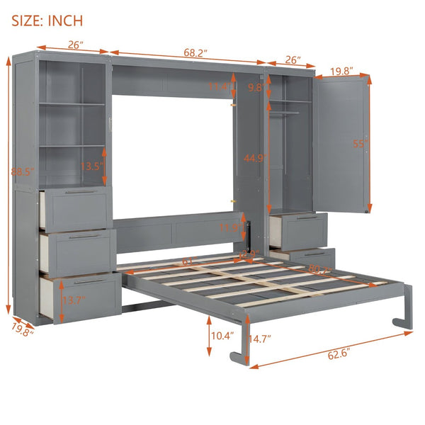 English Elm Queen Murphy Wall Bed with Wardrobe Drawers and Shelves for Studio or Guest Room Gray LP000865AAE-2