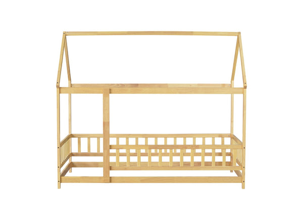 English Elm Twin Size House Floor Bed With Roof Frame & Safety Guardrails - Cozy & Imaginative Playtime Haven W504P286404-GIGA