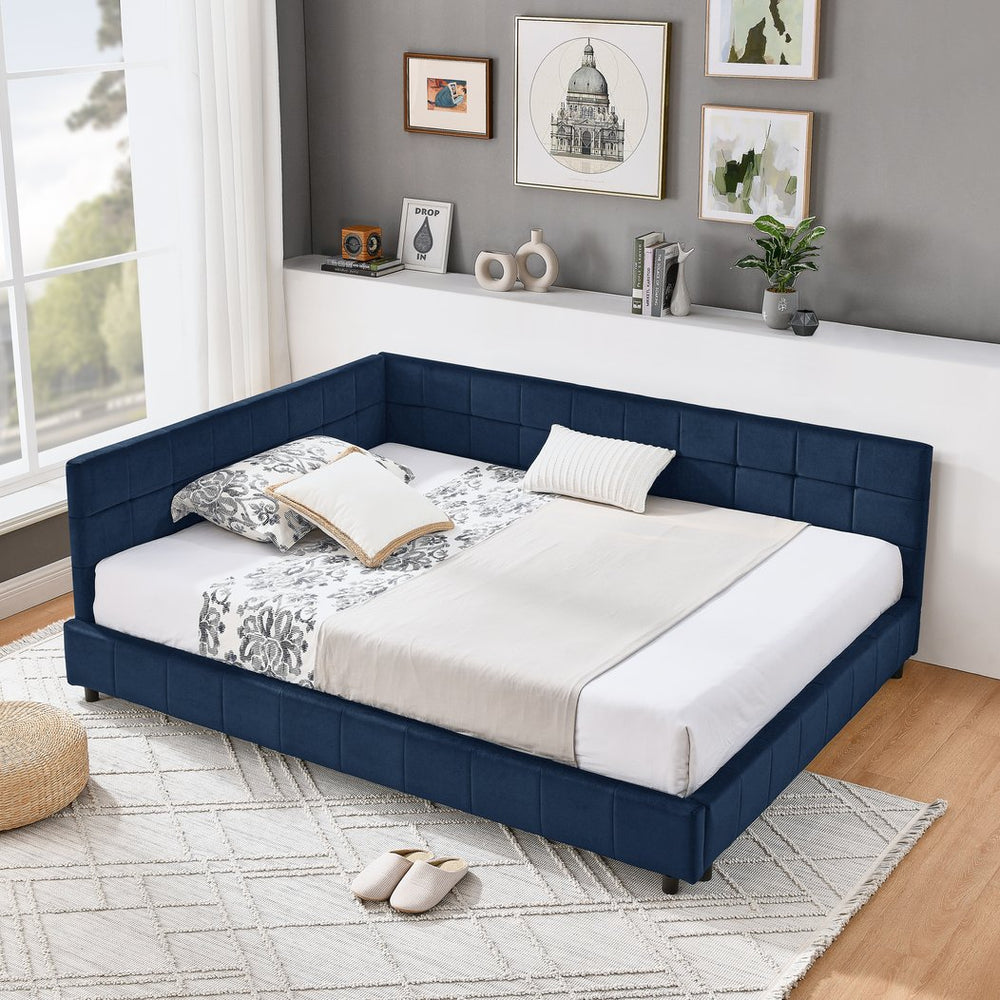 English Elm Full Upholstery Bed Frame with Tufted Velvet Sofa-Style Backrest and Armrests, Sturdy 500lb Capacity Dark Blue W487S00293