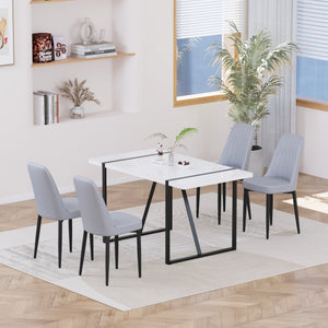 English Elm 55 Modern 4-Person MDF Dining Table Set with Sturdy Black Metal Legs and Padded PU Chairs for Families Grey+White W2189S00733