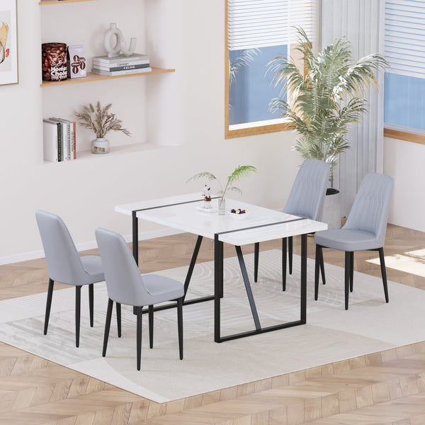 English Elm 55 Modern 4-Person MDF Dining Table Set with Sturdy Black Metal Legs and Padded PU Chairs for Families Grey+White W2189S00733