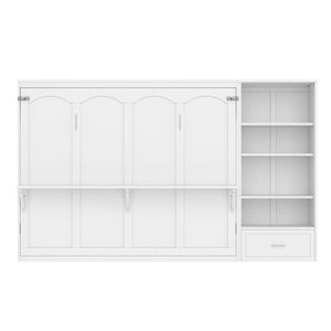 English Elm Queen Murphy Wall Bed with Folding Platform Side Cabinet Drawer and Adjustable Shelves White N733S407545K