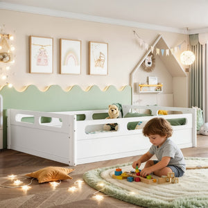 English Elm Twin Low Profile Floor Bed with Guardrails Pine Wood Frame Minimalist Bedroom White W1580P438792