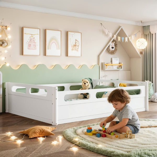 English Elm Twin Low Profile Floor Bed with Guardrails Pine Wood Frame Minimalist Bedroom White W1580P438792