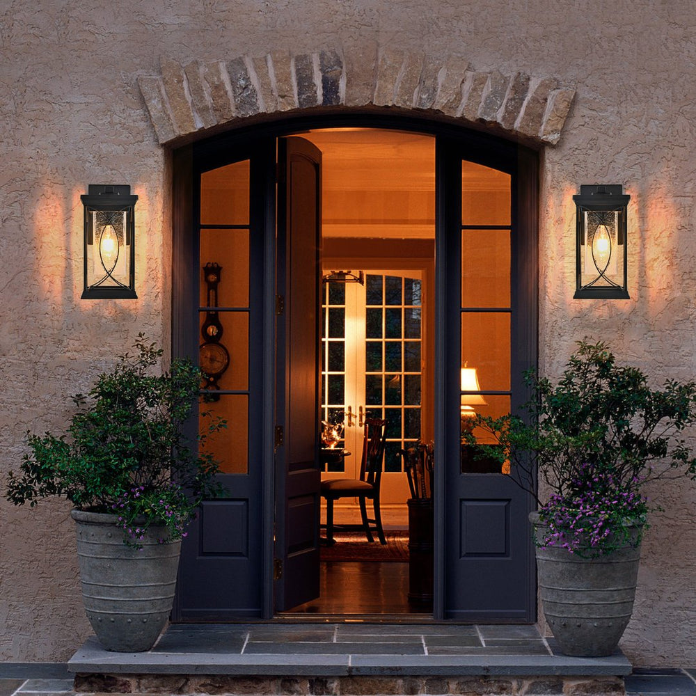 English Elm 14"(H) Black Outdoor Wall Lantern with Crackled Glass — Weatherproof E26 Fixture for Porch & Patio Ambiance W1340P239410