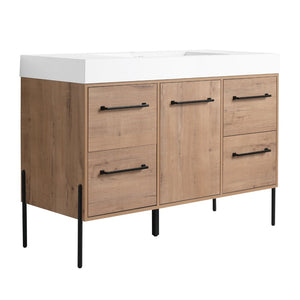 English Elm 48" Floating Bathroom Vanity Dual Ceramic Vessel Sinks Oak Finish Soft Close Doors W999S00527
